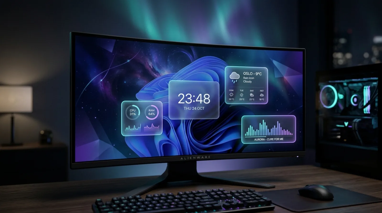 A Windows desktop customized with Rainmeter skins — clock, weather, CPU and RAM monitors on an aurora wallpaper